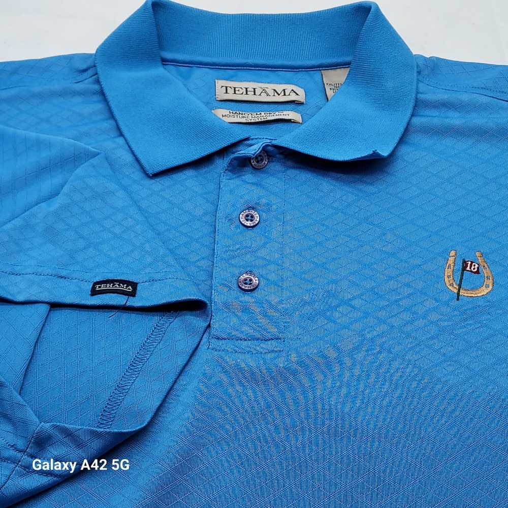 TEHAMA Blue Diamond Pattern Golf Polo Shirt Men XXL Moisture Wicking Short Sleev